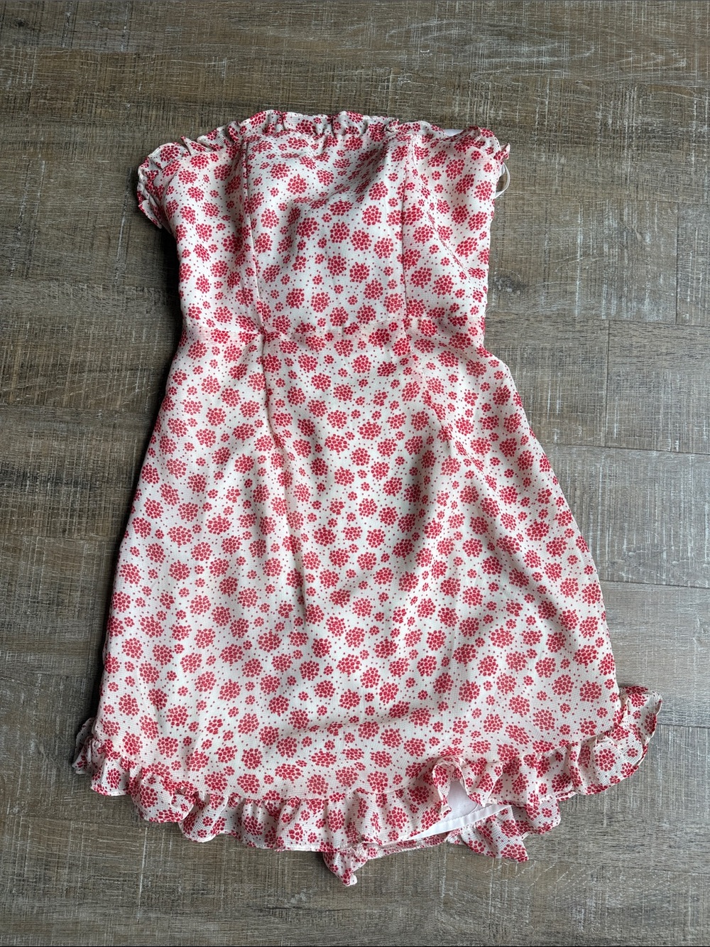 Strapless Red Floral Mini Dress Ruffled Hem Cream Base Size S